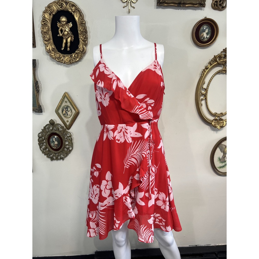 Lulus Red Floral Print Ruffle Wrap Midi Dress Size L